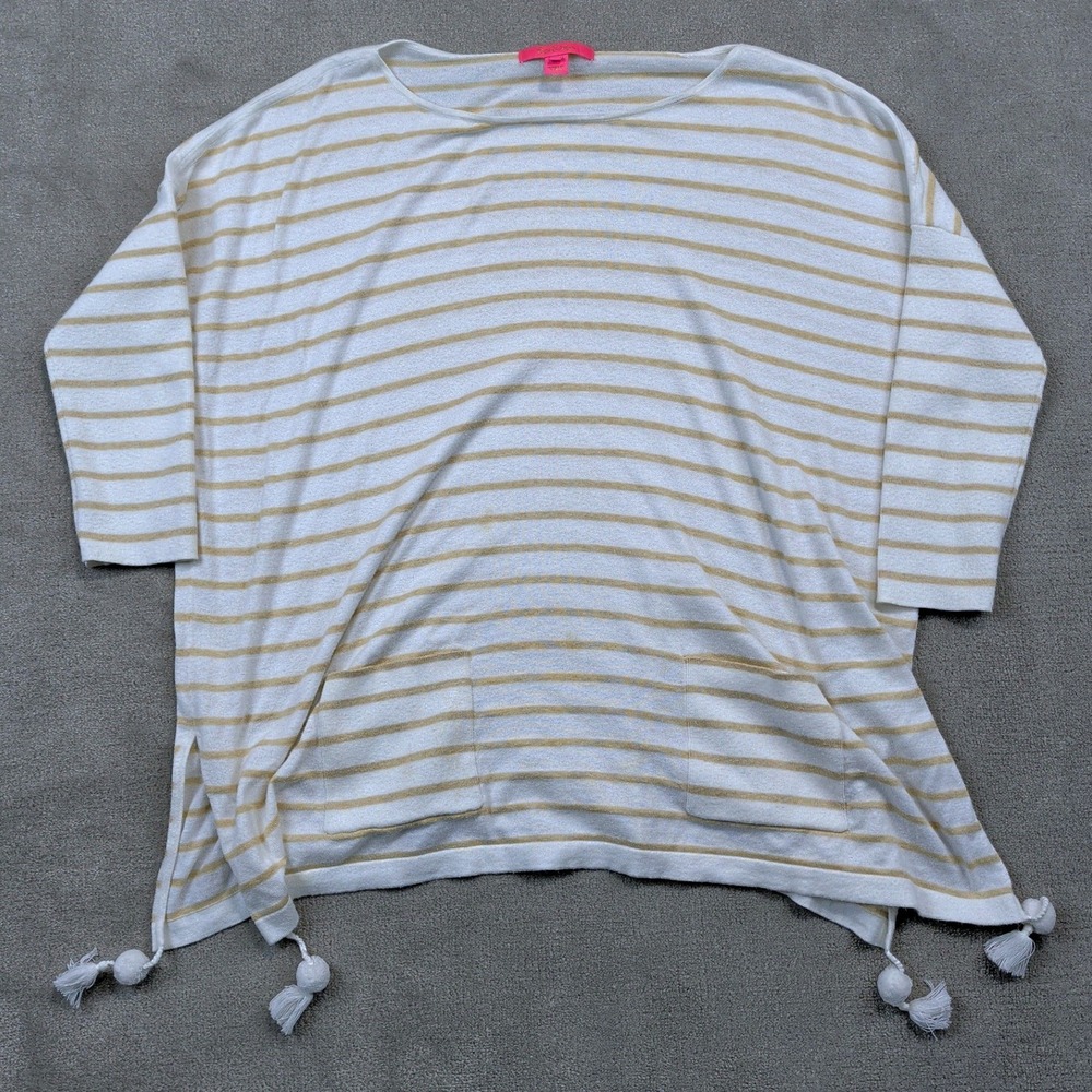 Lilly Pulitzer Top Womens M Striped Gold White Cotton Coolmax Tassel Pockets